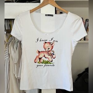 Zara White Tee with Deer Graphic